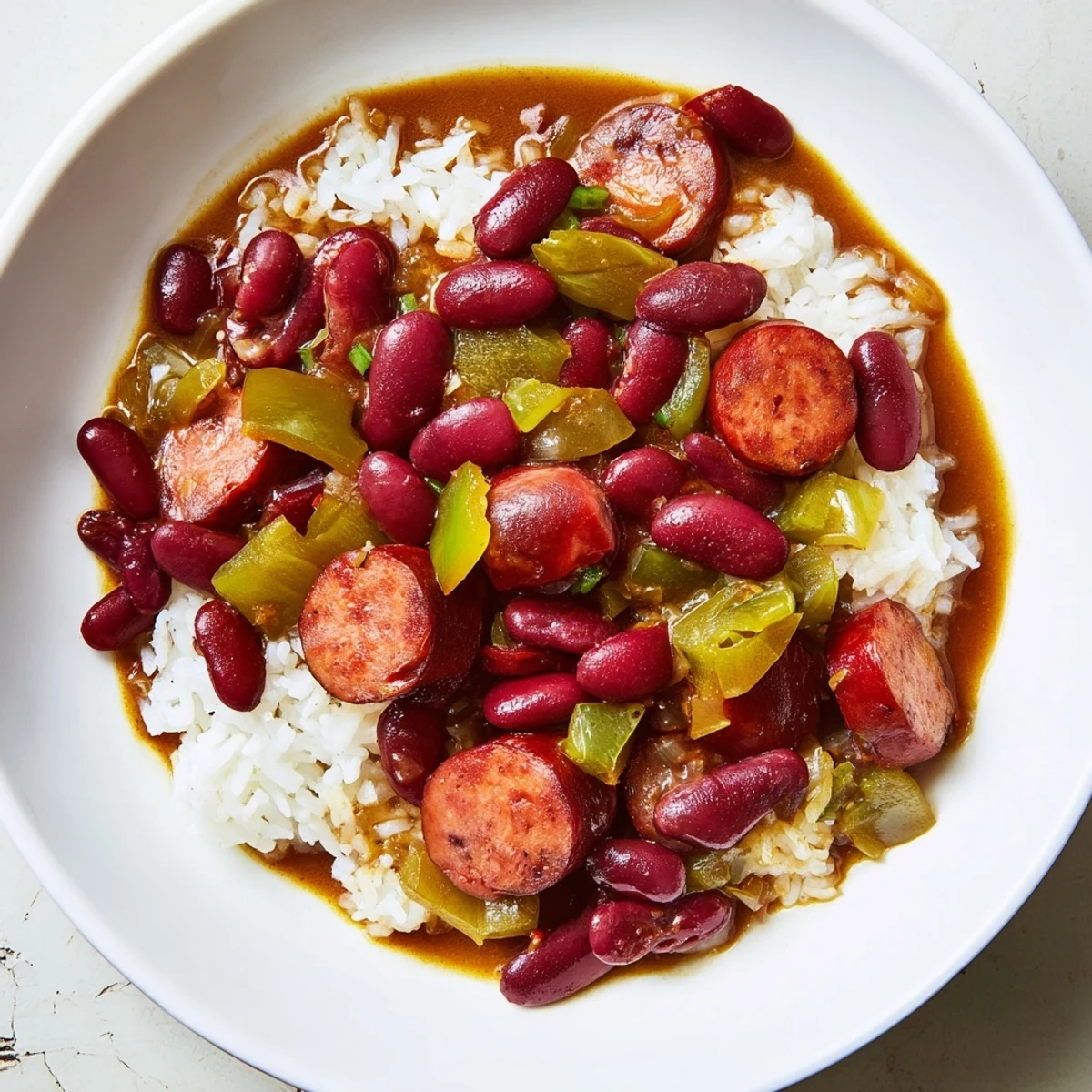 A close-up of Red Beans and Rice with Beef Sausage in a rustic bowl, garnished with fresh green onions and parsley.