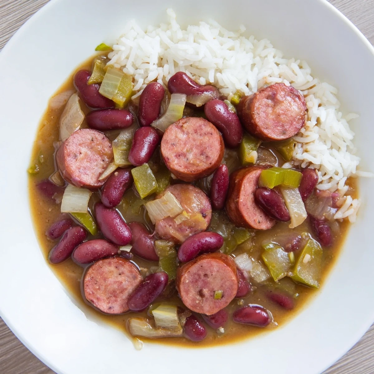 Hearty Creole Red Beans and Rice with Beef Sausage in a Dutch oven, ladled over white rice with visible spices.