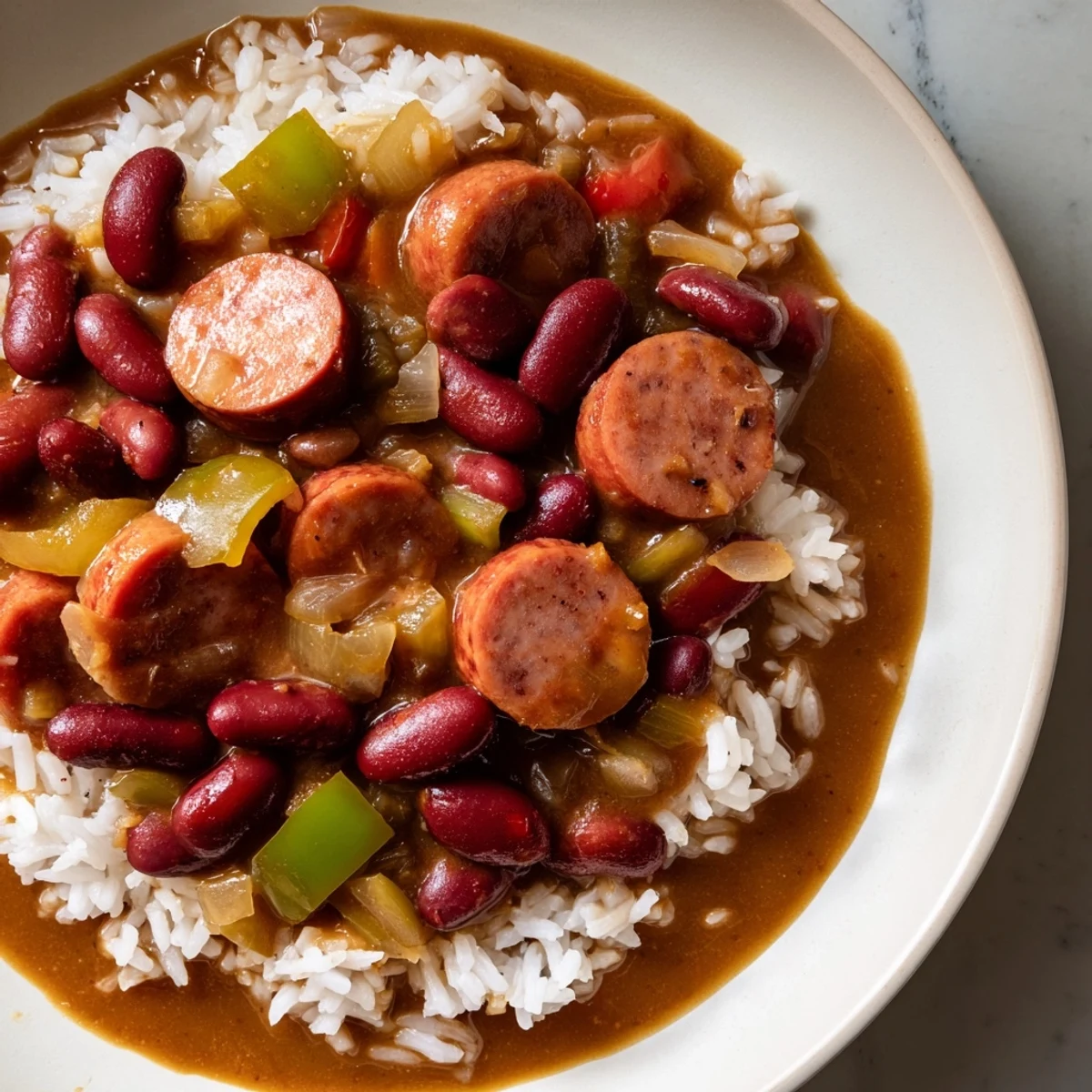 Steaming Red Beans and Rice with Beef Sausage served over fluffy white rice in a white ceramic dish on a wooden table.