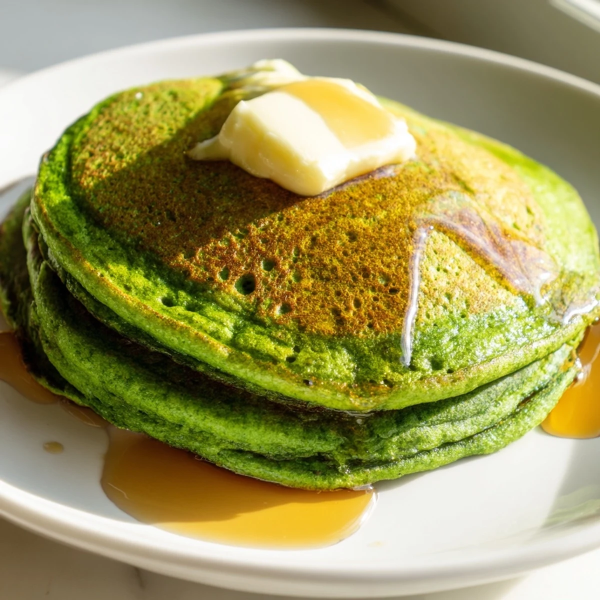 Golden-brown, fluffy green pancakes stacked high, soaked in rich maple syrup and topped with a pat of melting butter for a classic breakfast.  