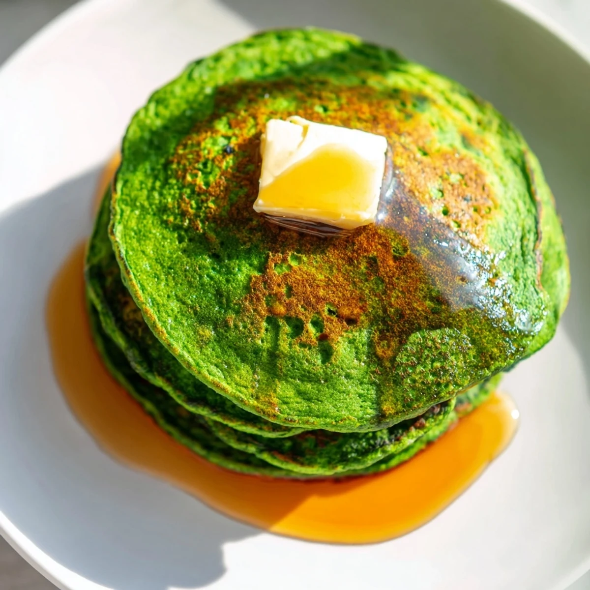 Stacks of fluffy, vibrant green pancakes are drizzled generously with amber maple syrup, revealing tender crumb and fresh spinach flavor in every bite.  