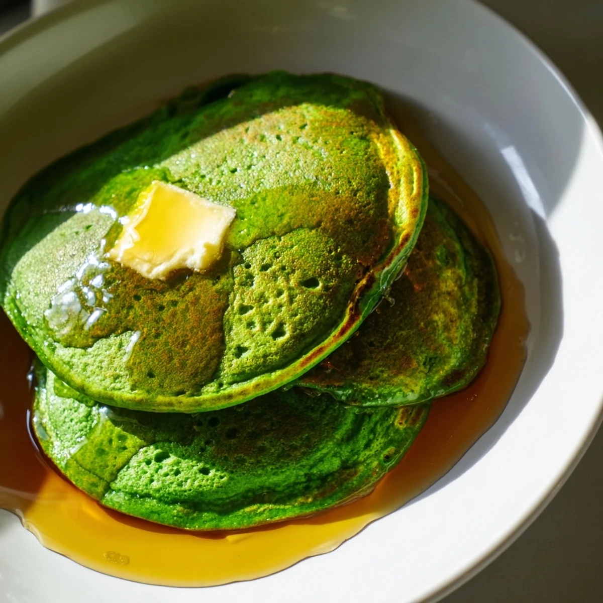 Fresh, emerald-green pancakes with a soft, airy texture, served warm with maple syrup cascading down the sides for a wholesome morning treat.