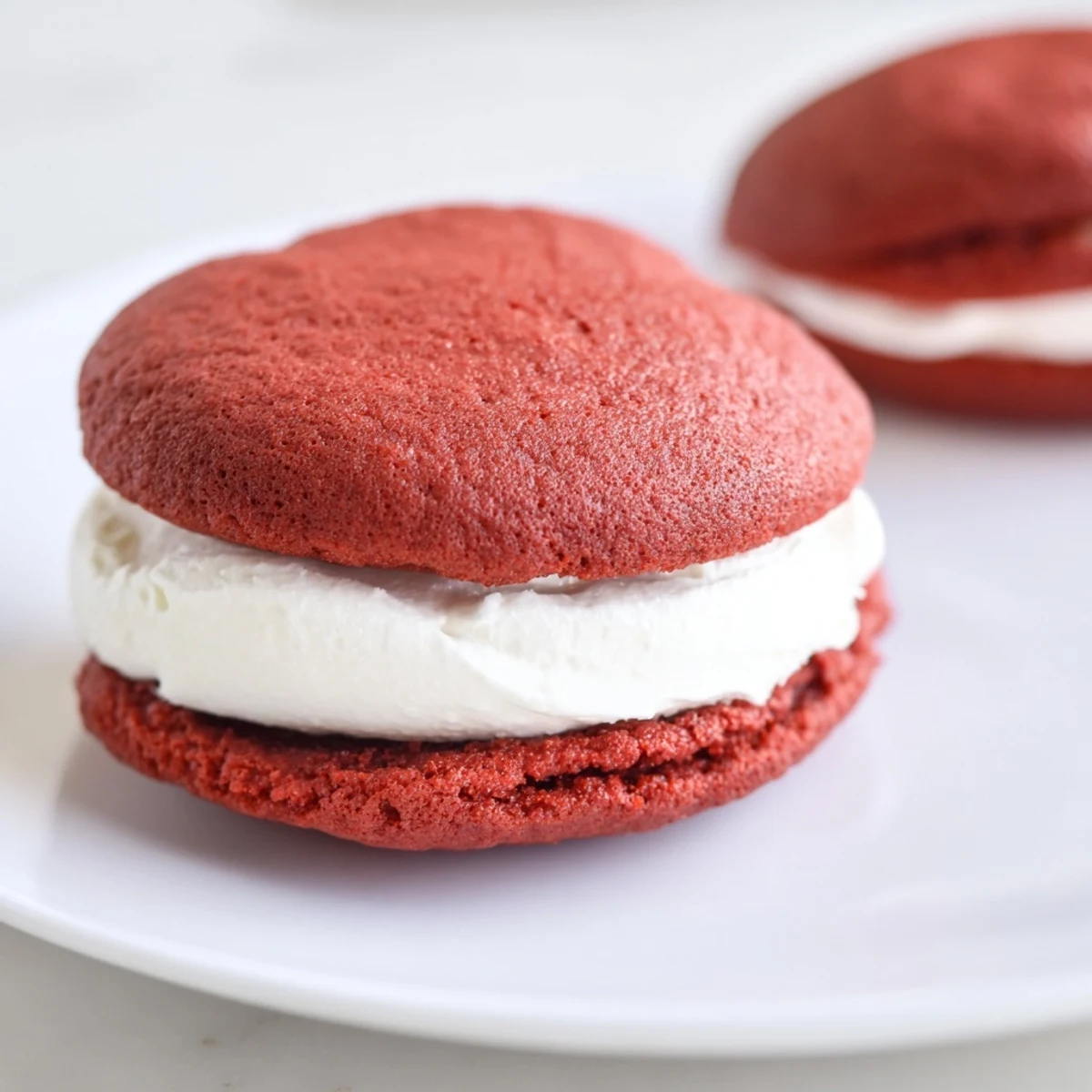 A plate of four homemade Red Velvet Whoopie Pies with Marshmallow Filling, showcasing their soft texture and vibrant red color.