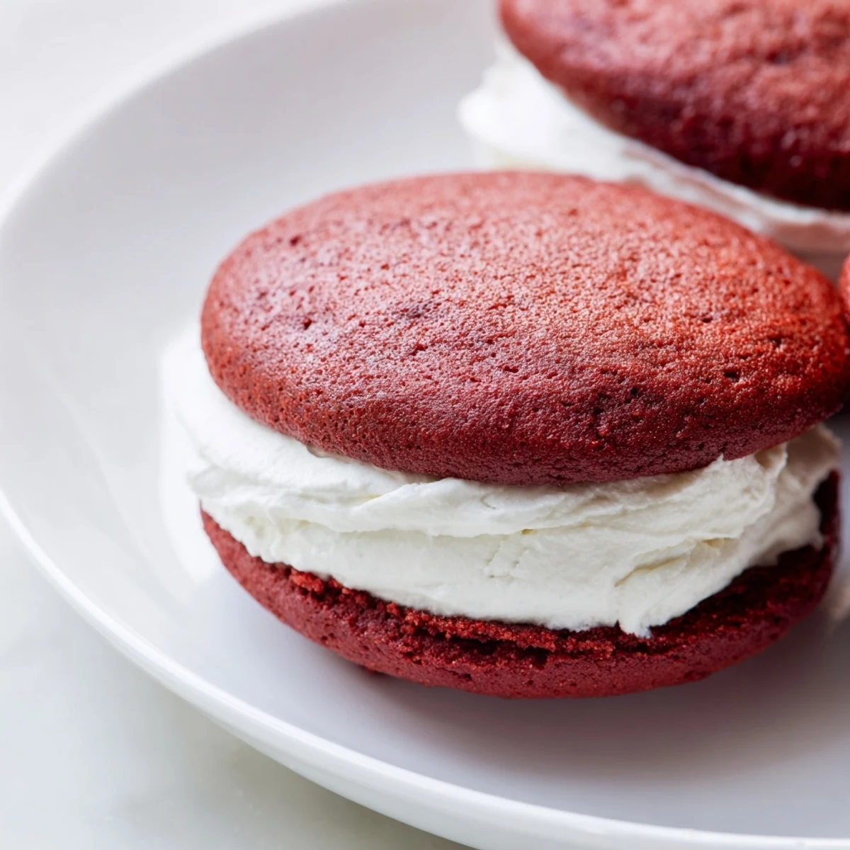 Close-up of a Red Velvet Whoopie Pie with Marshmallow Filling, split open to reveal the fluffy, white creamy center.