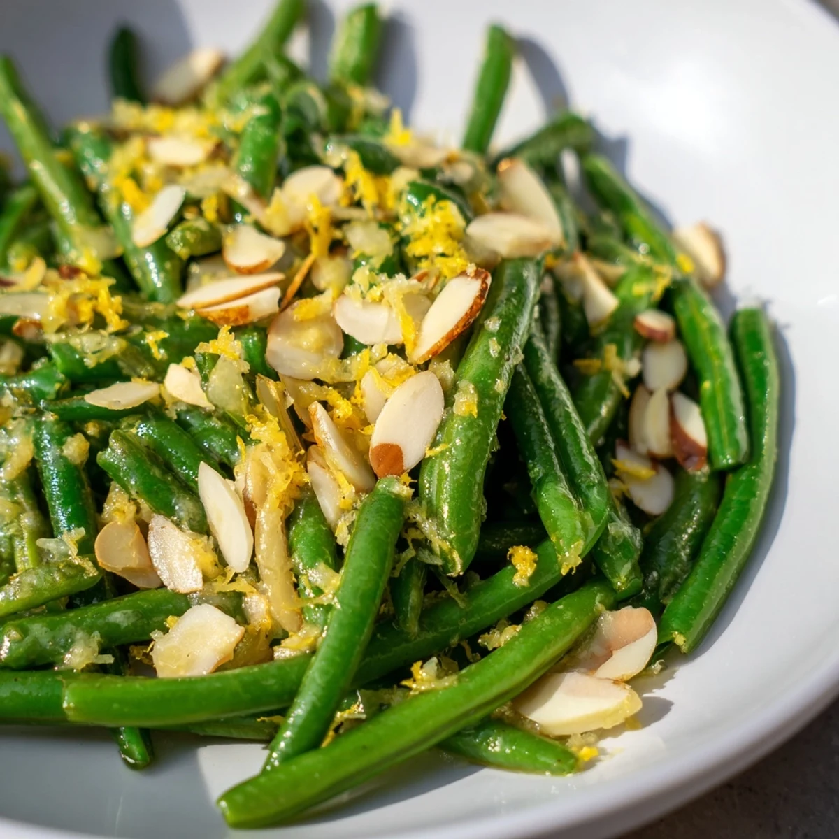 Bright green beans topped with golden toasted almonds and a fresh lemon zest garnish, served on a white platter.