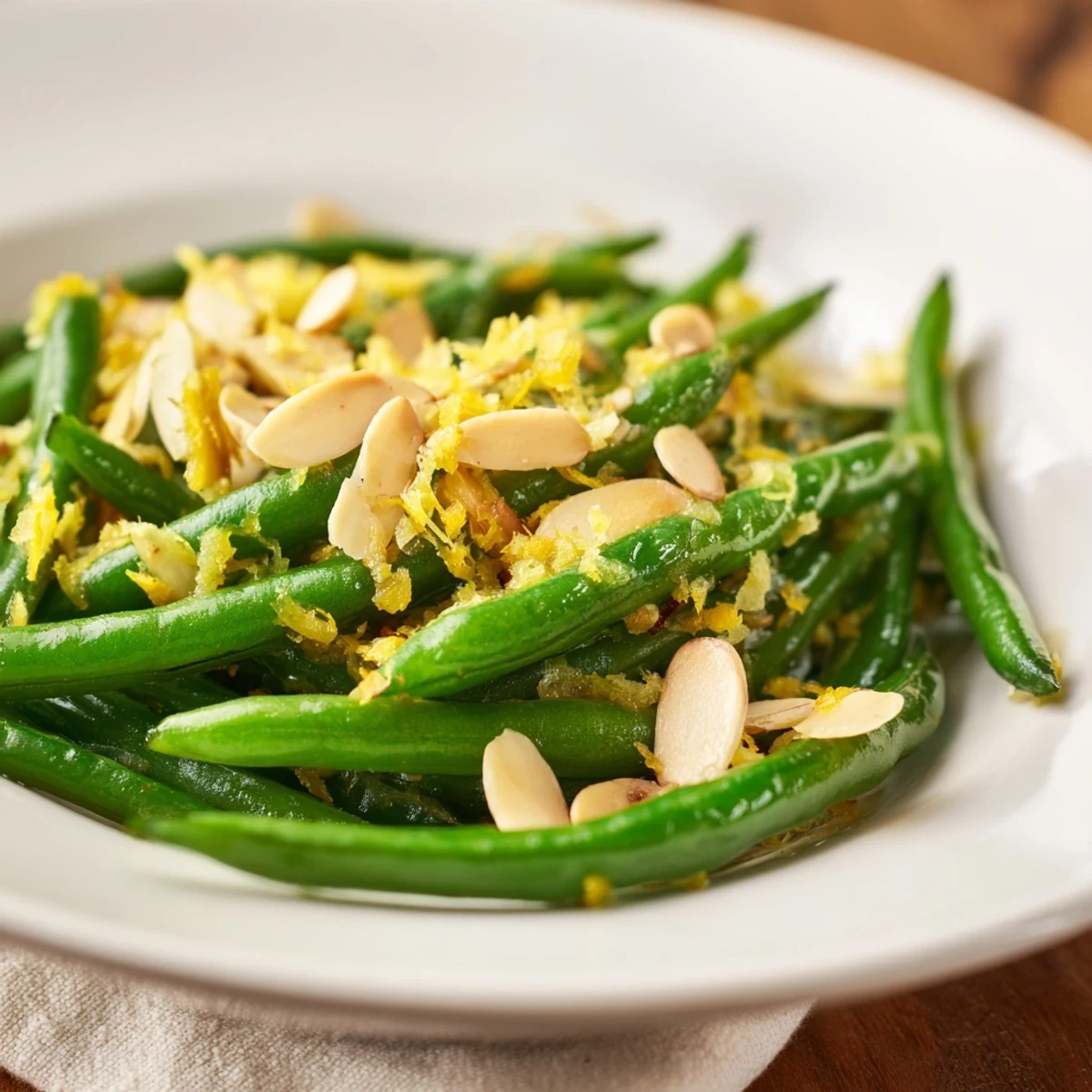 Crisp green beans with lemon and toasted almonds tossed in a warm skillet, ready to be served as a side dish.