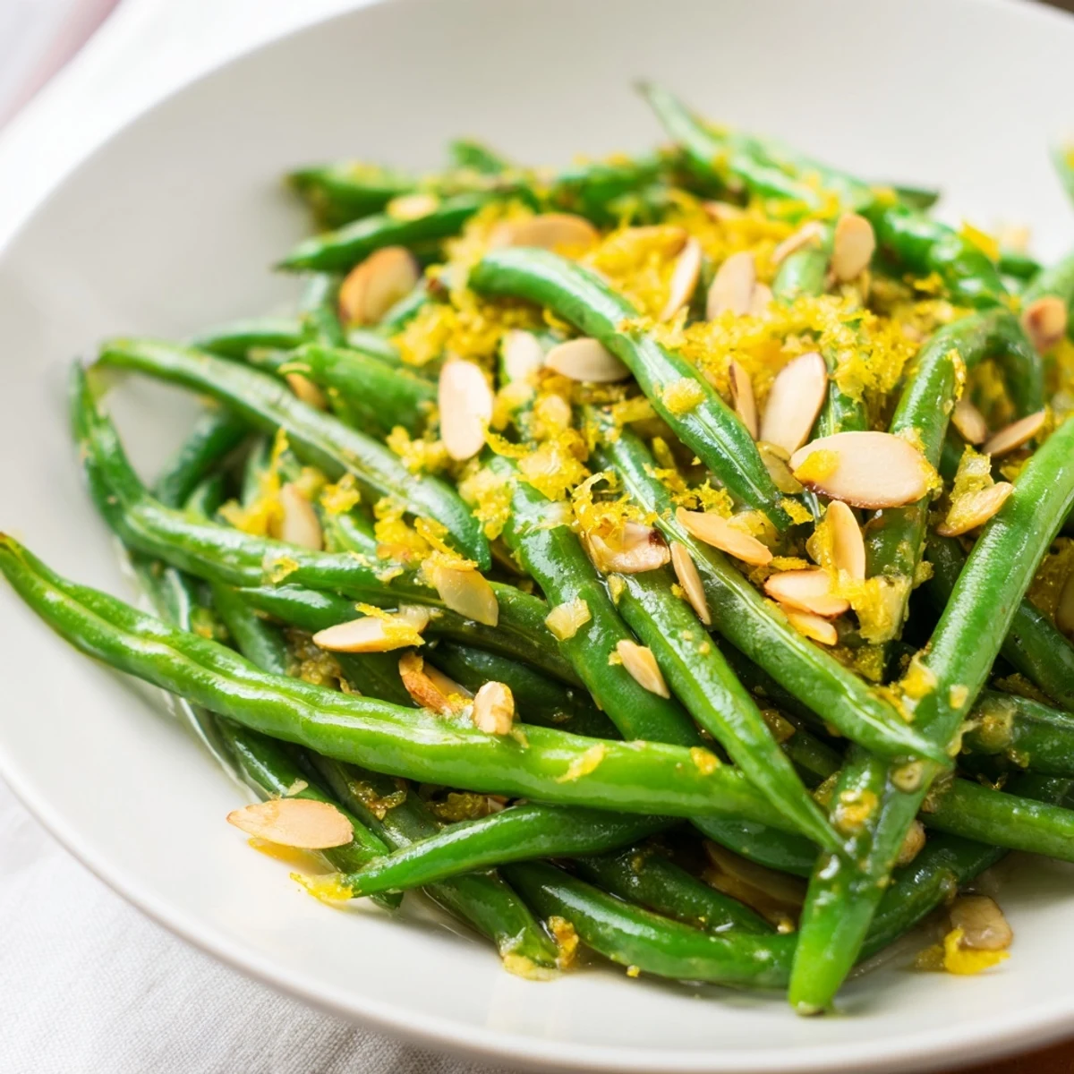 Close-up of vibrant green beans with lemon and toasted almonds, garnished with fresh lemon zest on a rustic wooden table.