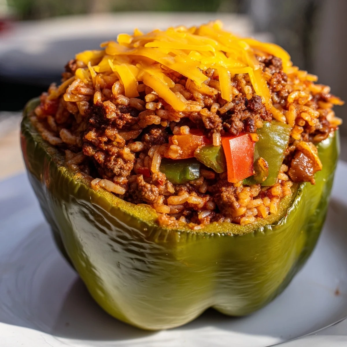 Golden bell peppers stuffed with seasoned ground beef, rice, tomatoes, and Creole spices, topped with melted cheddar.