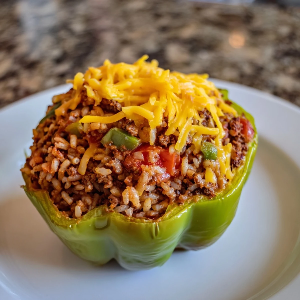 Freshly baked Creole Stuffed Peppers with Rice and Beef in a white ceramic dish, garnished with parsley.