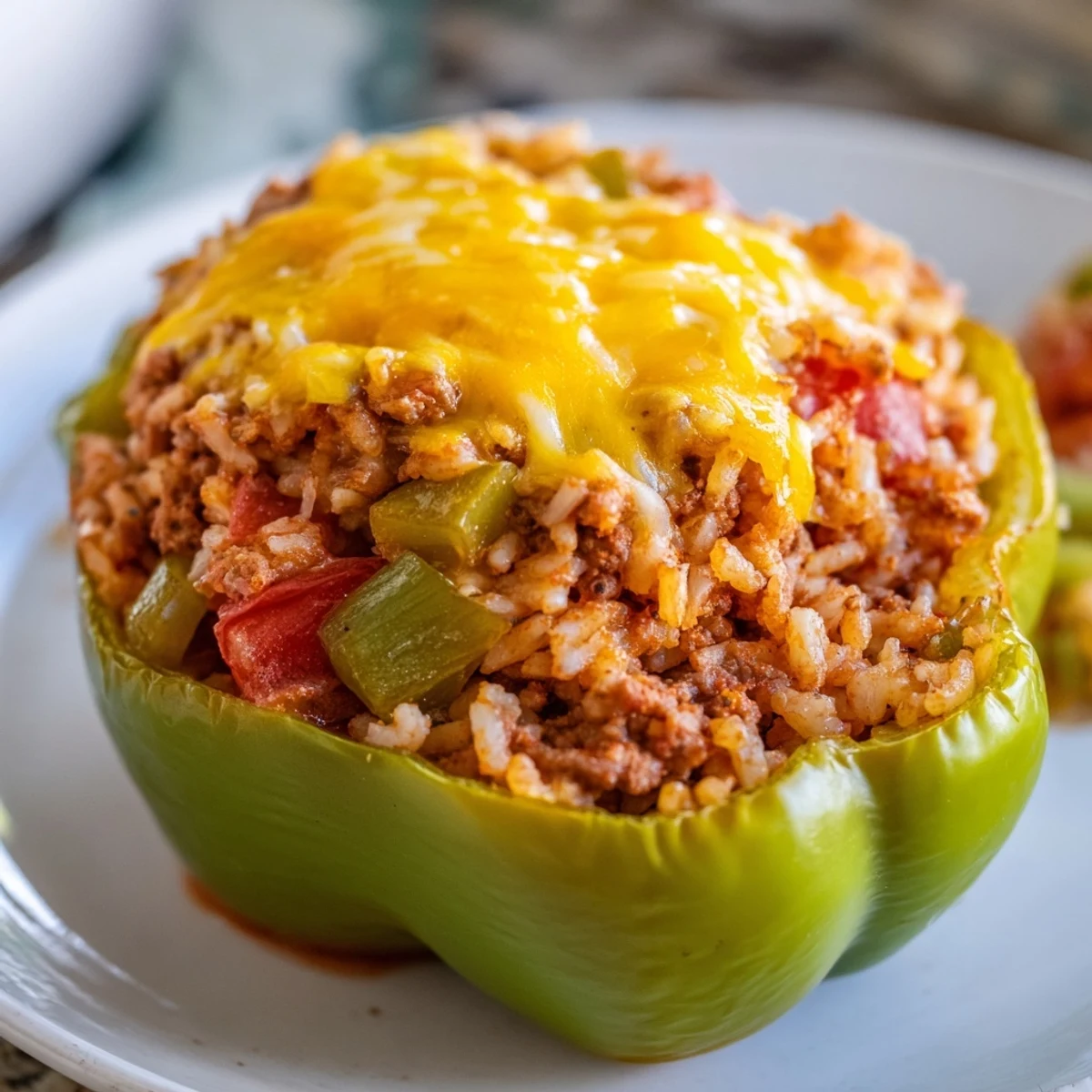 Close-up of Creole Stuffed Peppers with Rice and Beef, revealing a savory filling of beef, rice, and tomatoes.