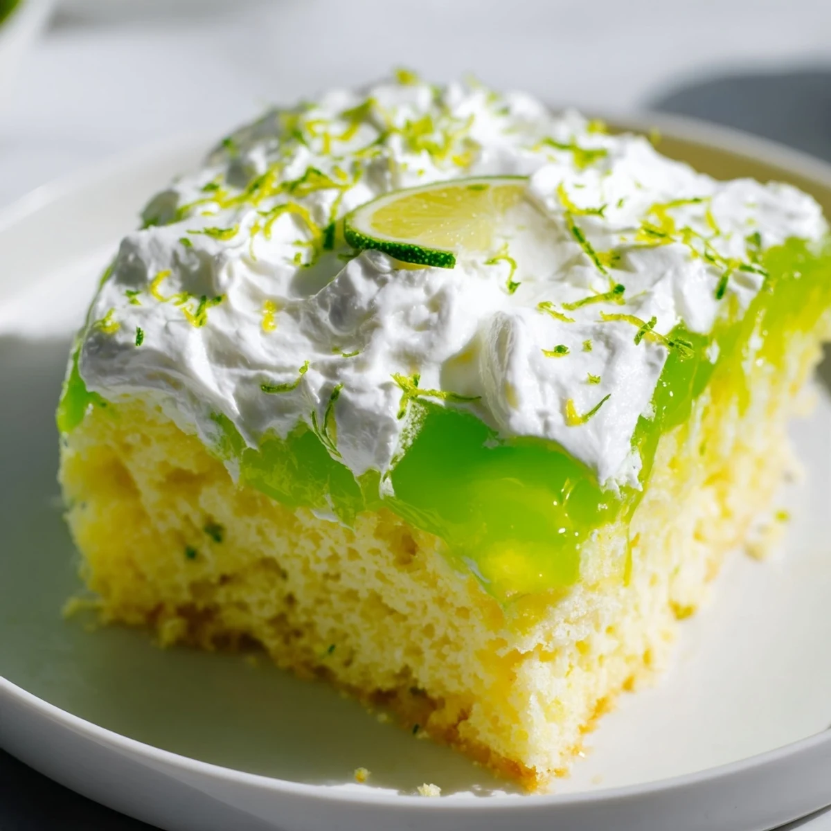 A slice of vibrant Lime Poke Cake with fluffy whipped cream and fresh lime zest garnish on a blue plate.