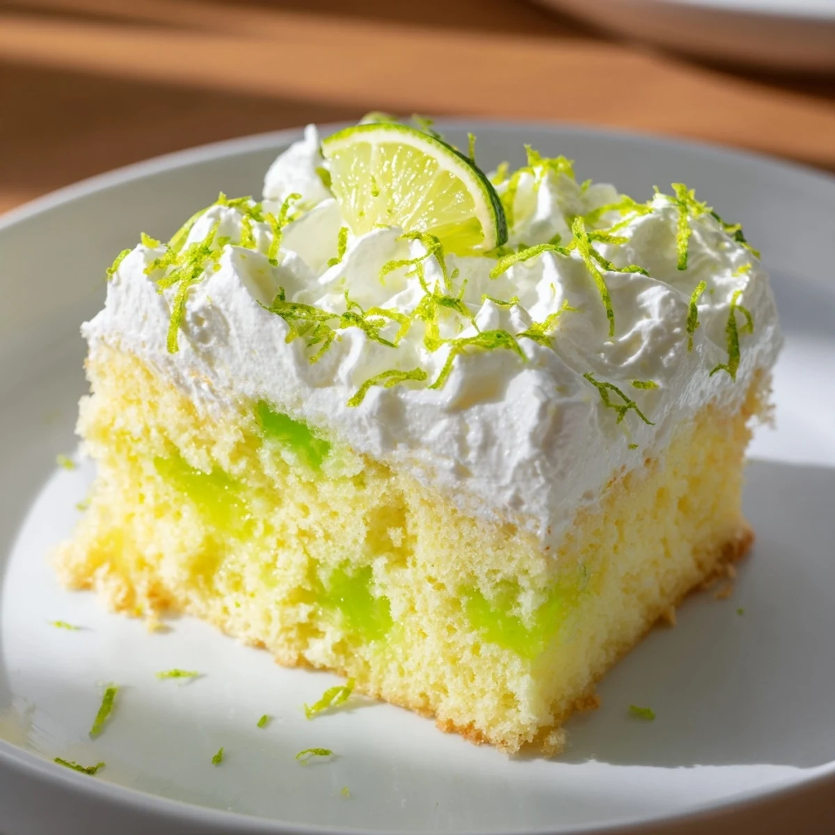 Served Lime Poke Cake with a fluffy whipped topping and bright lime zest garnish, ready for summer dessert.