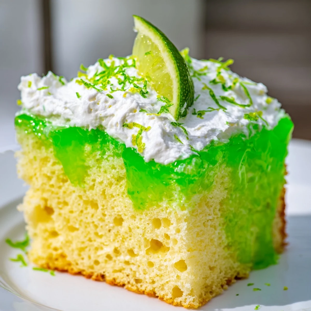 A close-up of Lime Poke Cake showing moist cake, gelatin-soaked holes, and smooth, fluffy whipped cream topping.