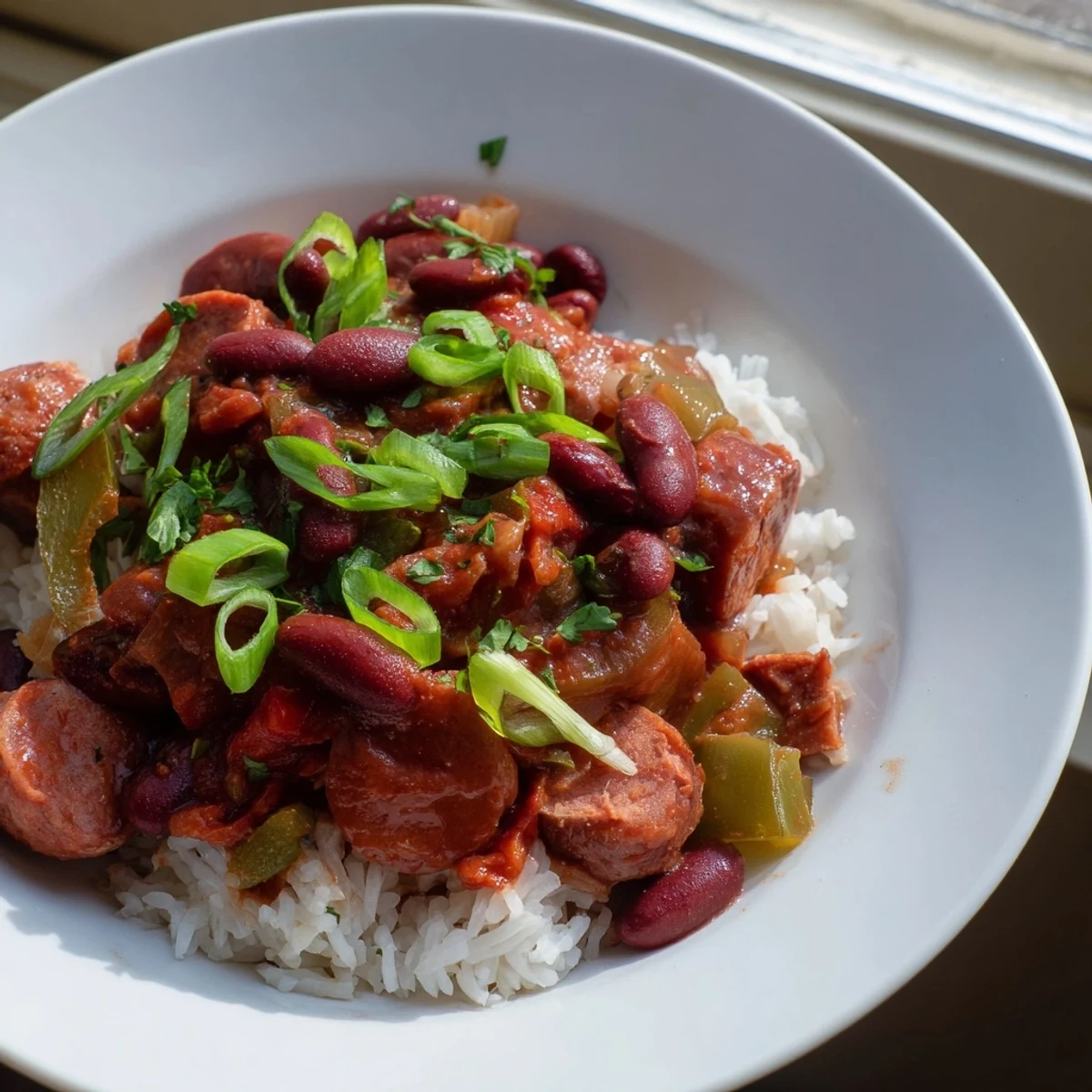 Hearty Red Beans and Rice with Beef Sausage simmered in a rich, spicy Creole gravy, served over fluffy white rice and garnished with fresh parsley.  