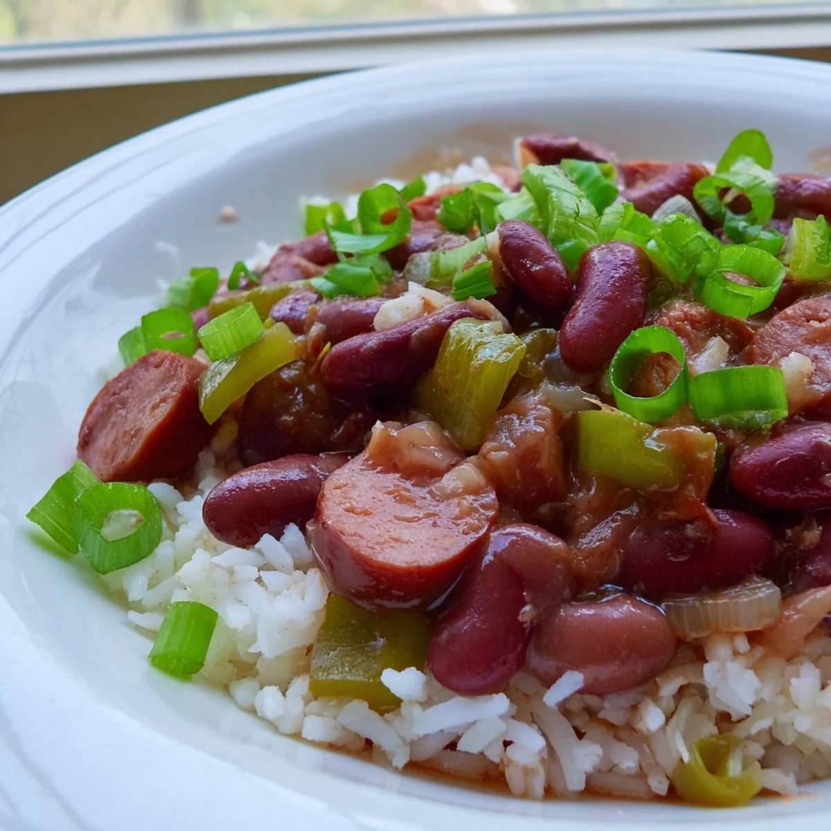 Savory slices of beef sausage nestled among tender red beans and aromatic vegetables, creating a comforting, classic Southern meal ready to serve.  
