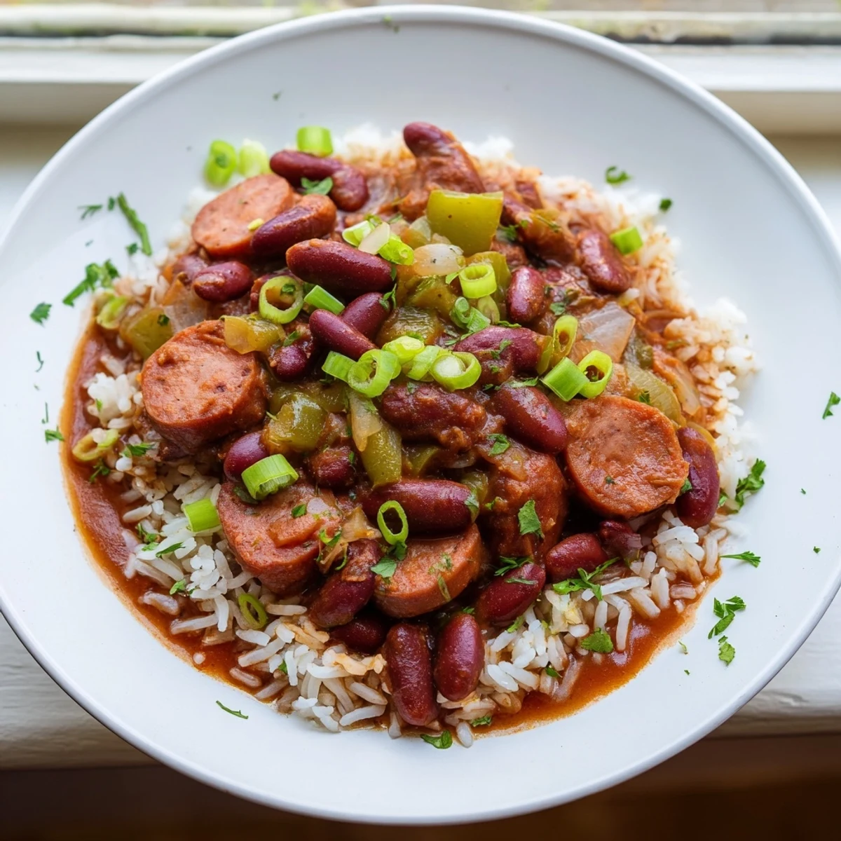A close-up view of Red Beans and Rice with Beef Sausage, featuring sautéed bell peppers, onions, and a generous scoop of fluffy rice.