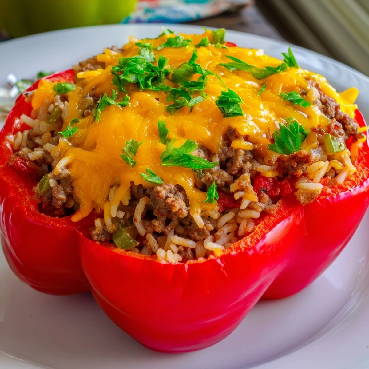 A single Creole stuffed pepper with golden melted cheddar cheese, filled with seasoned ground beef and rice, served hot on a plate.  