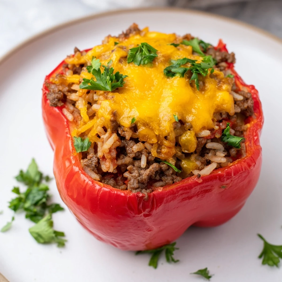 Two vibrant bell peppers stuffed with a hearty beef and rice mixture, ready to bake in a ceramic dish.  