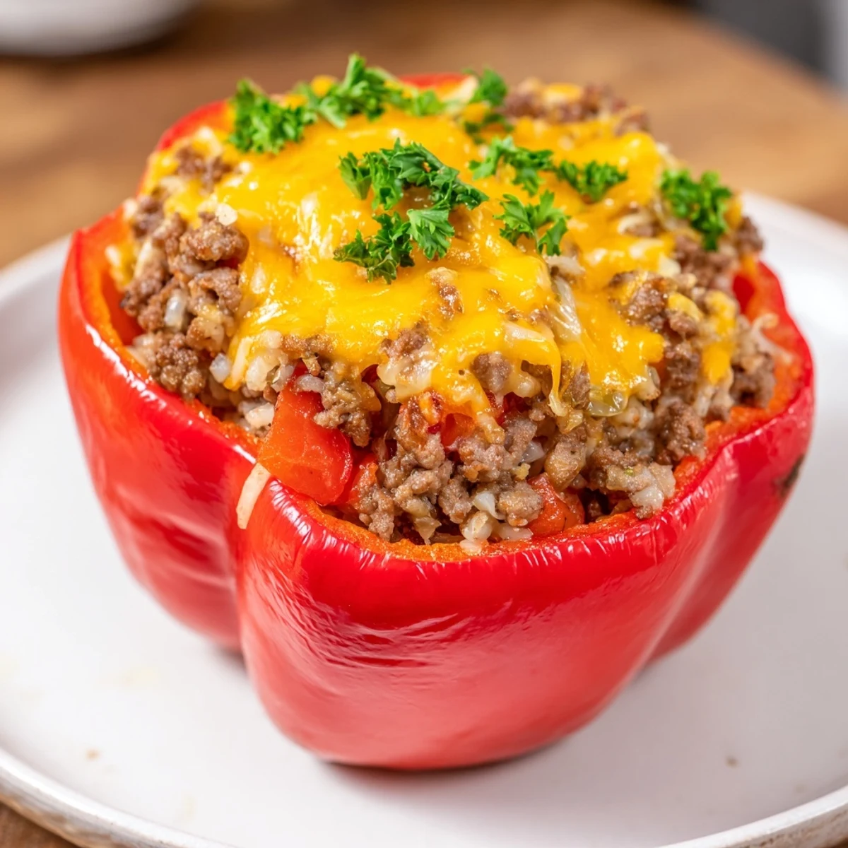 Freshly baked Creole stuffed peppers with bubbly cheese topping and a side of greens, showcasing Louisiana comfort food.