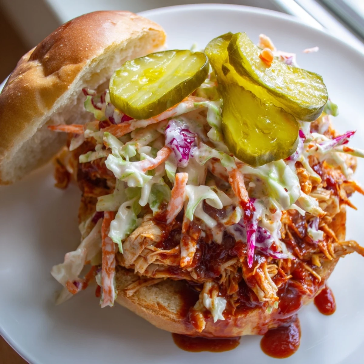 Tender shredded chicken piled onto soft buns, topped with crisp, tangy slaw and crunchy pickles for a satisfying and flavorful sandwich.  