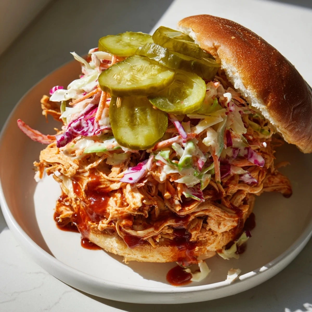 Juicy pulled chicken sandwiches with slaw and pickle served on a checkered tablecloth alongside sweet potato fries.  