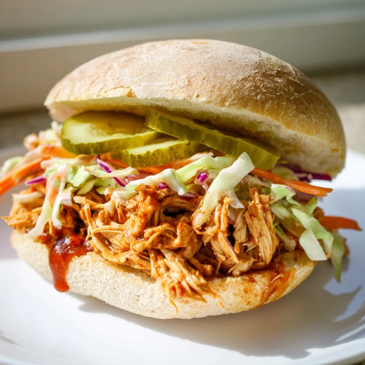 A close-up of golden brioche buns stuffed with smoky pulled chicken, creamy slaw, and bright dill pickle slices.