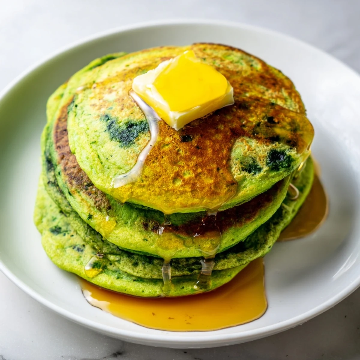 Stack of fluffy Green Pancakes with Maple Syrup and Butter, vibrant spinach hue, served on a white plate with a side of butter.  