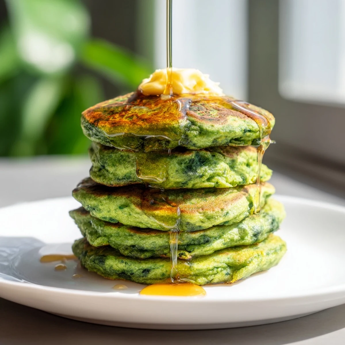 Warm Green Pancakes with Maple Syrup and Butter on a rustic table, glistening with syrup and fresh butter, ready for a cozy breakfast.