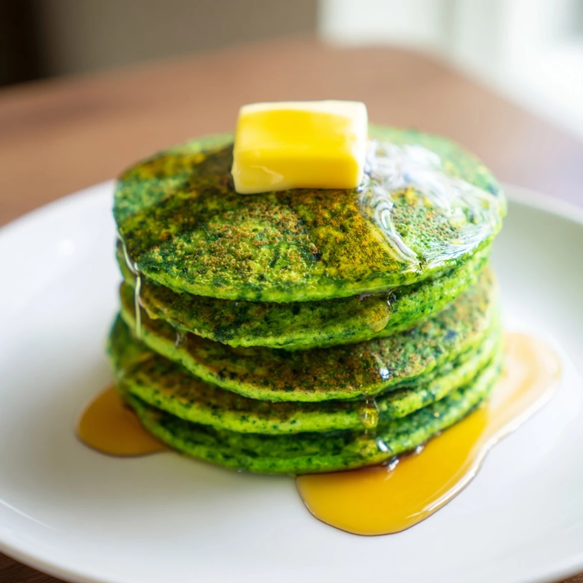 Golden-brown Green Pancakes with Maple Syrup and Butter sizzle on a griddle, topped with a melting pat of butter and a sweet drizzle.  