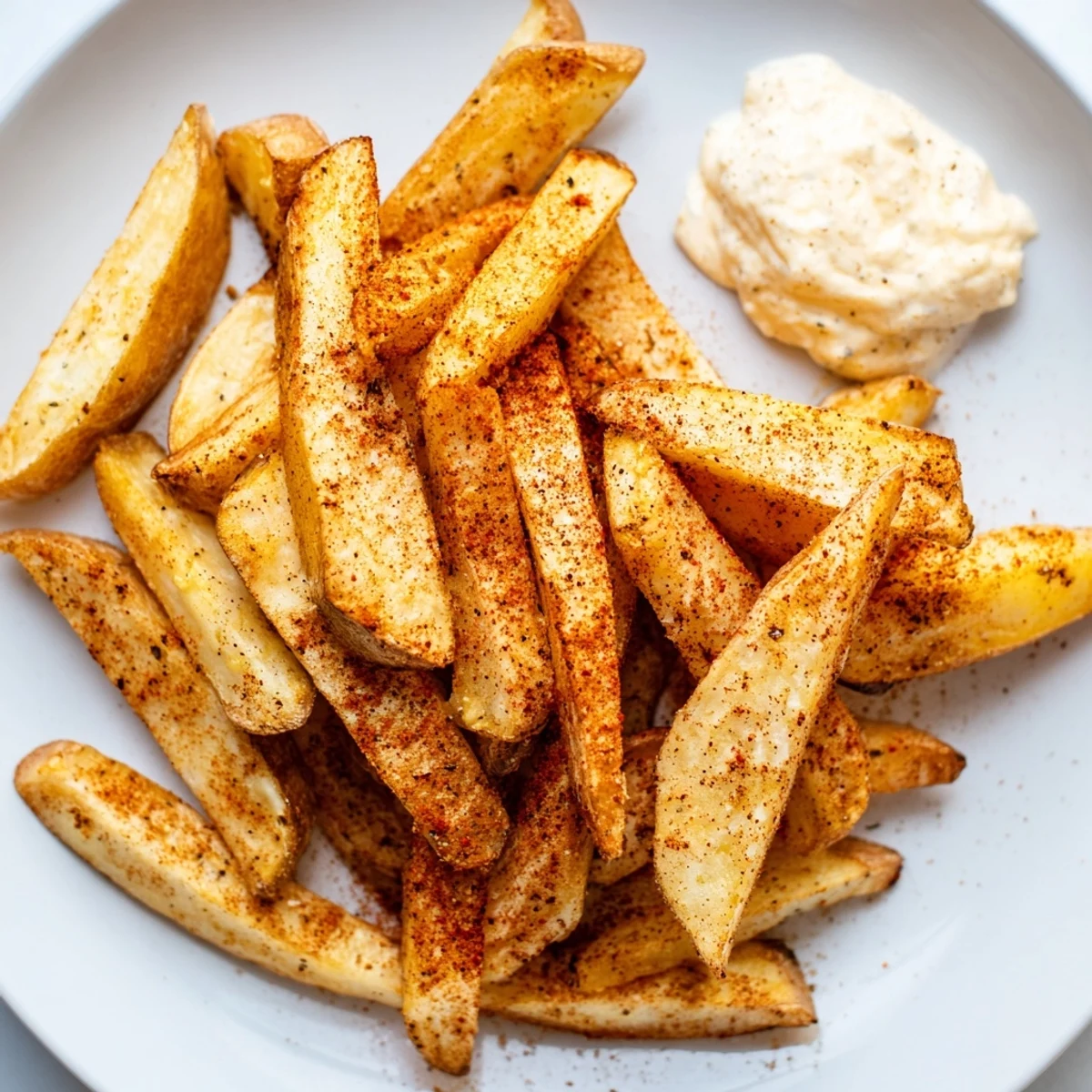 Golden Cajun Spiced Fries topped with a creamy remoulade dip, served hot from the oven alongside a burger.  