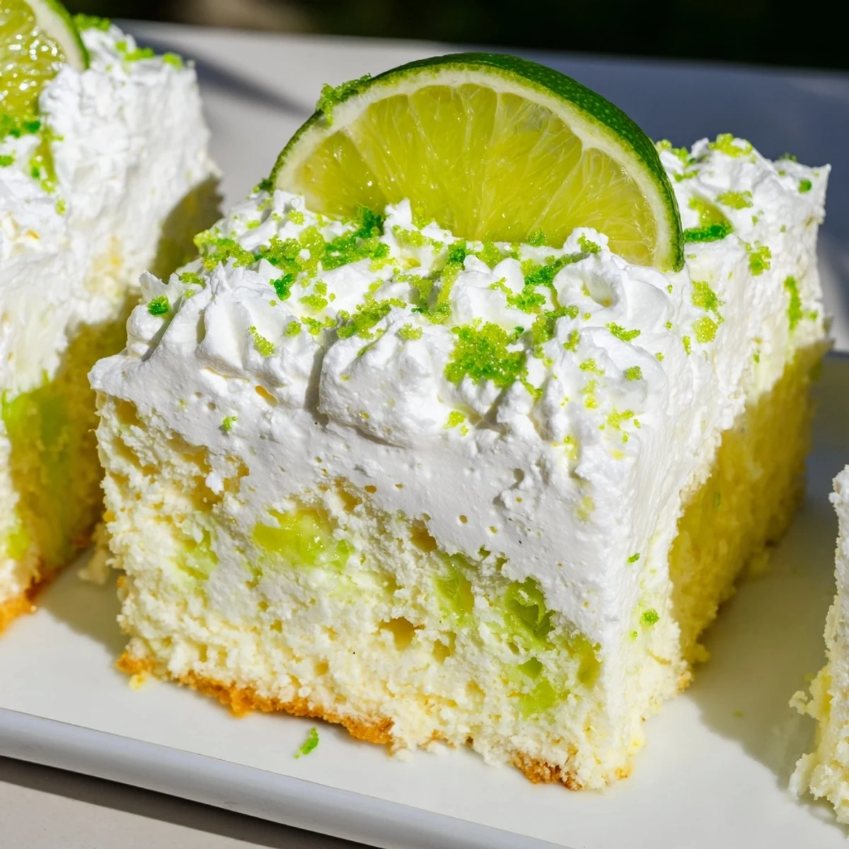 A slice of chilled lime poke cake topped with creamy whipped topping and zest.