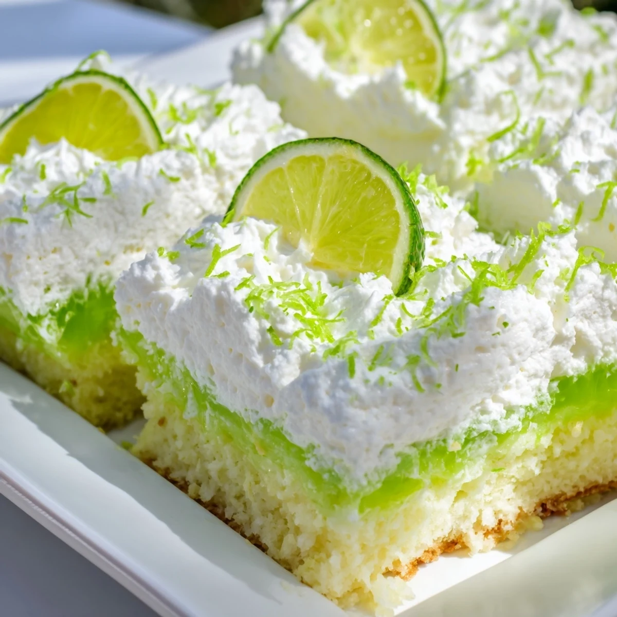 Summer lime poke cake with airy whipped cream topping and optional lime slices.
