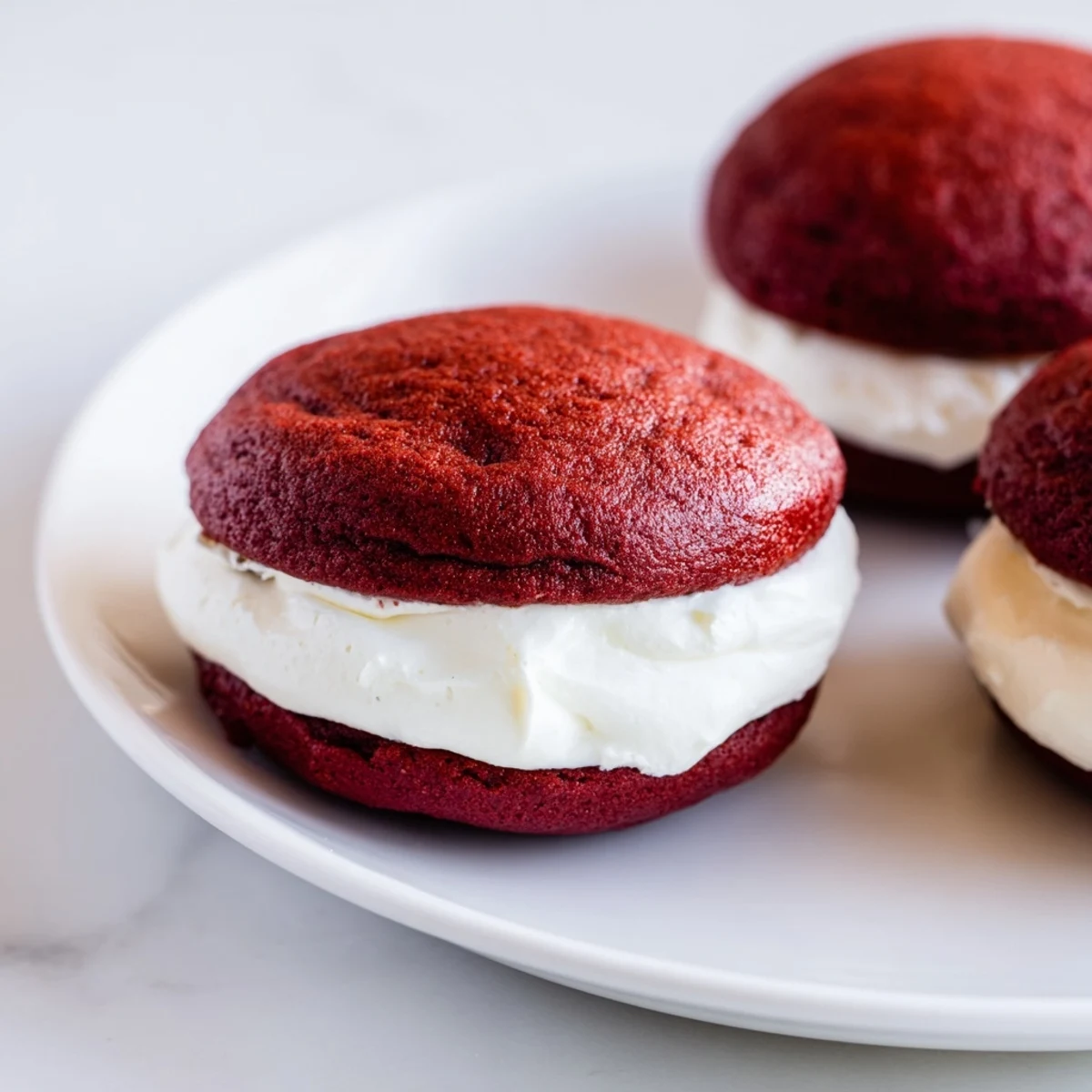 Stacked Red Velvet Whoopie Pies with fluffy white marshmallow filling showing moist red cookie texture and generous swirl.  