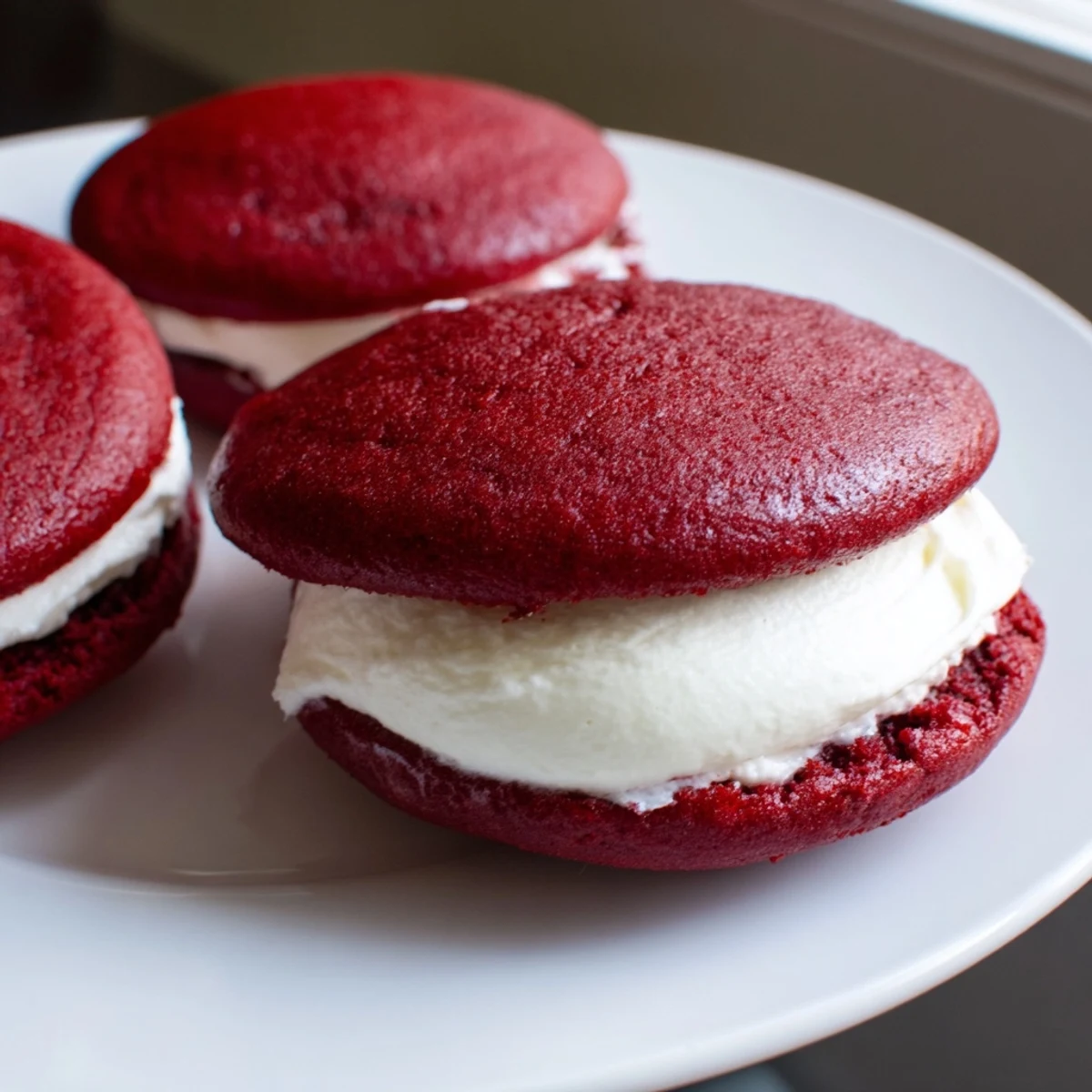 Frosted Red Velvet Whoopie Pies on a rustic plate, creamy marshmallow center peeking out from between soft cookies.  