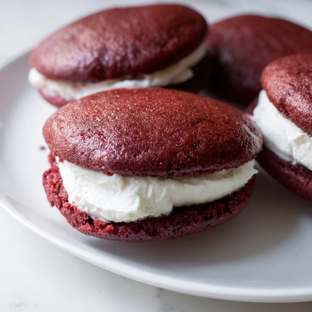 Homemade Red Velvet Whoopie Pies with vivid red crumb and sweet vanilla marshmallow filling ready to serve as dessert.