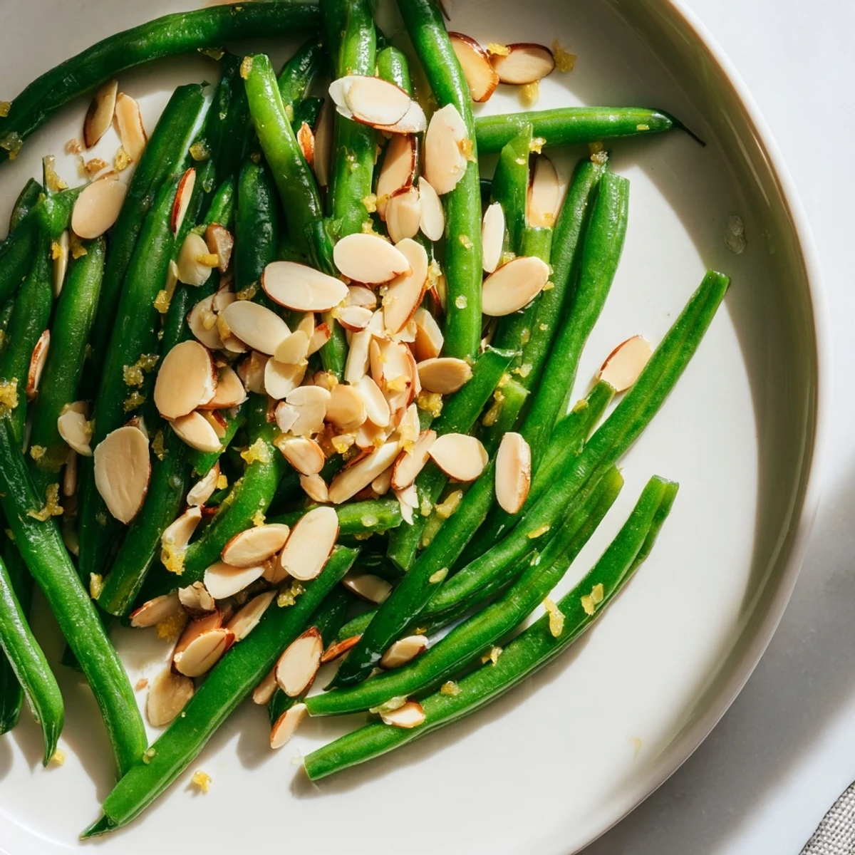 Lemon zested green beans with toasted almonds on a white plate, a simple vegetarian side for a weeknight dinner.