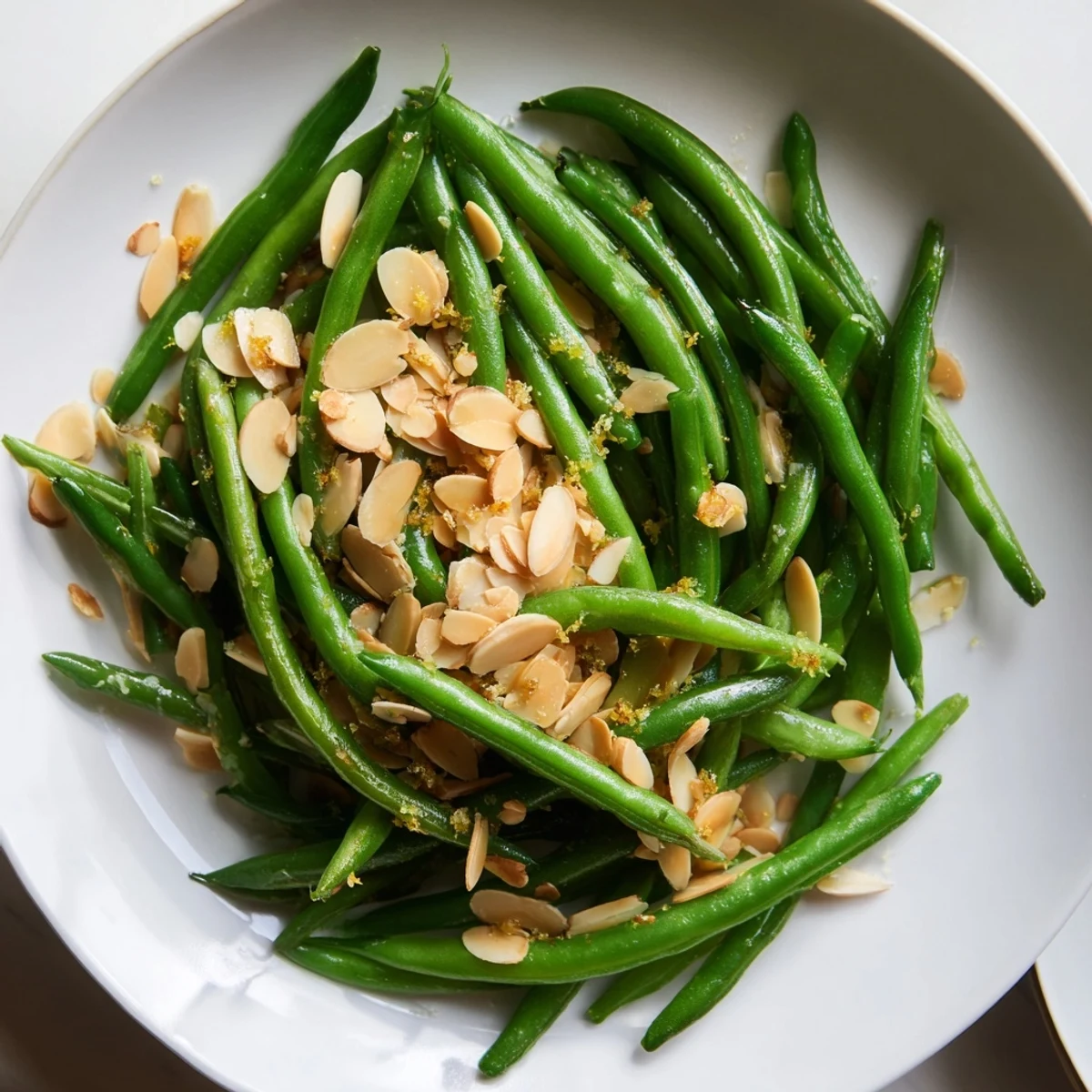 Tender green beans with lemon and toasted almonds, a bright, crunchy side dish served warm alongside grilled chicken.