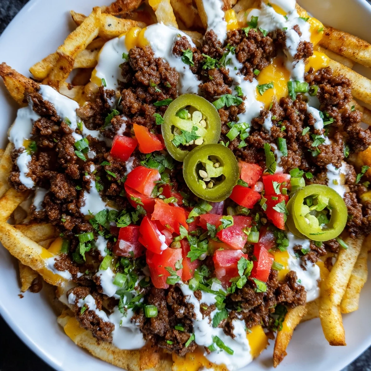 Crispy Loaded Nacho Fries with Queso and Beef piled high on a serving platter, drizzled with creamy cheese and topped with fresh jalapeños.  