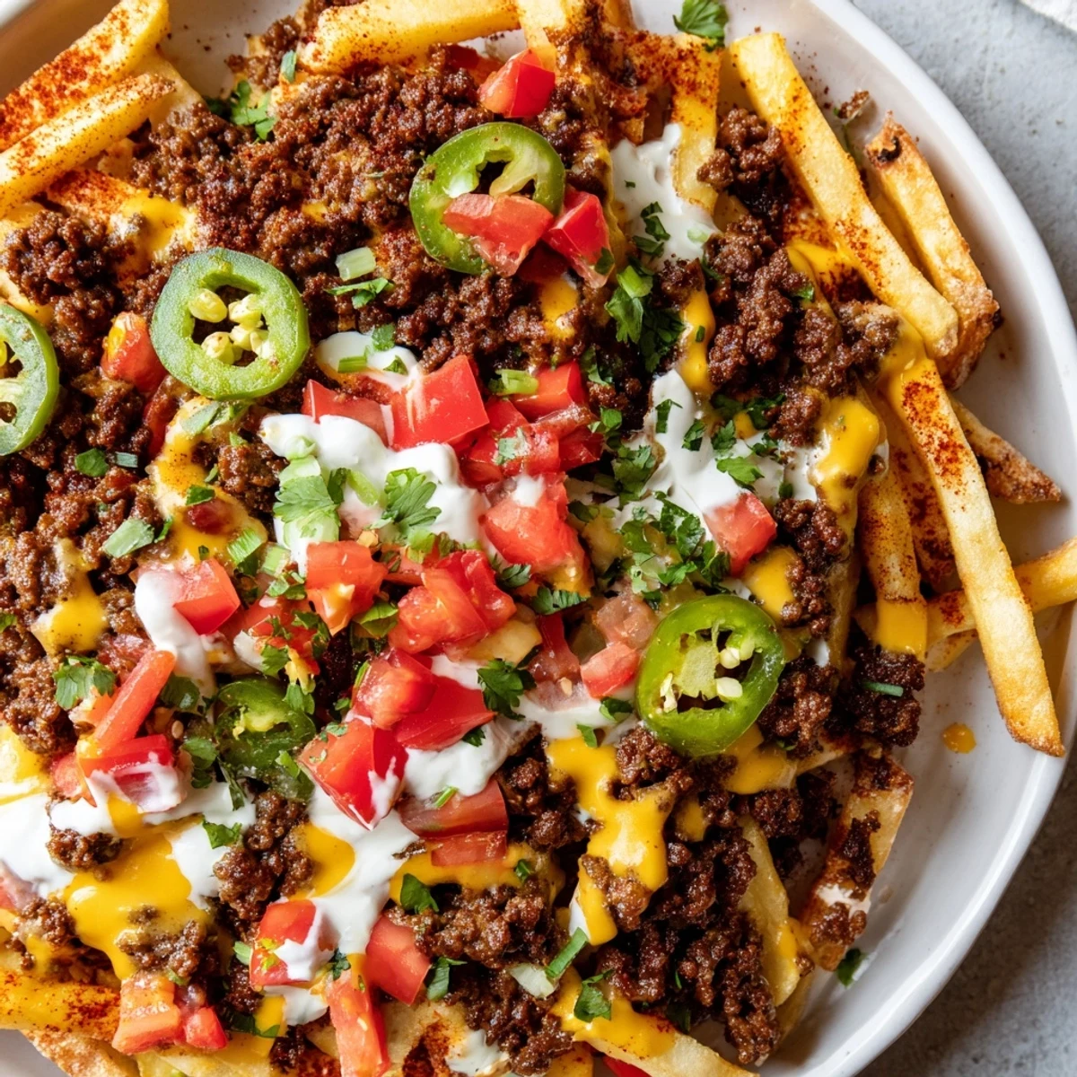 A close-up of Loaded Nacho Fries with Queso and Beef featuring golden fries, seasoned beef, and melted queso ready for a party appetizer.  