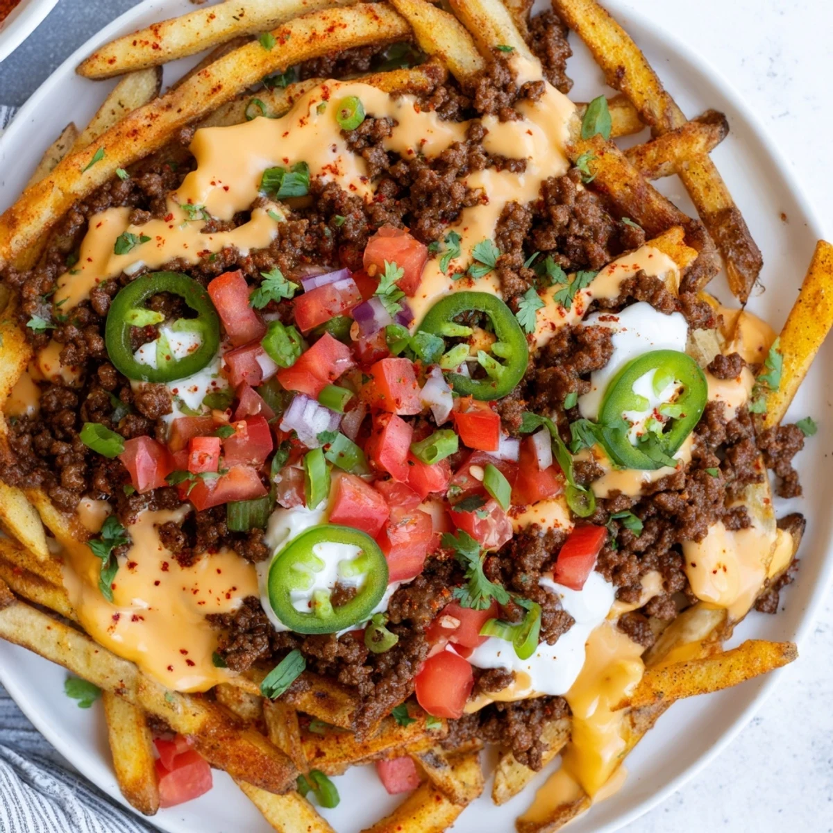 Steaming Loaded Nacho Fries with Queso and Beef topped with diced tomatoes, green onions, and sour cream, perfect for a Tex-Mex main dish.