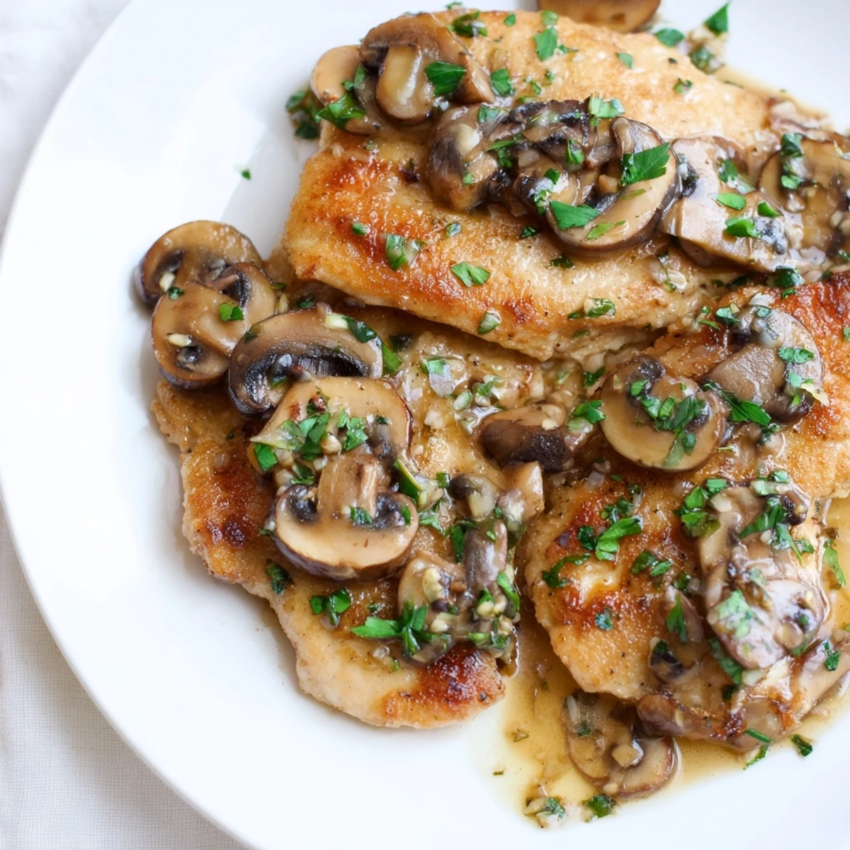 Golden-brown, tender chicken breasts simmered in a rich Marsala wine sauce with sautéed cremini mushrooms and fresh parsley garnish.