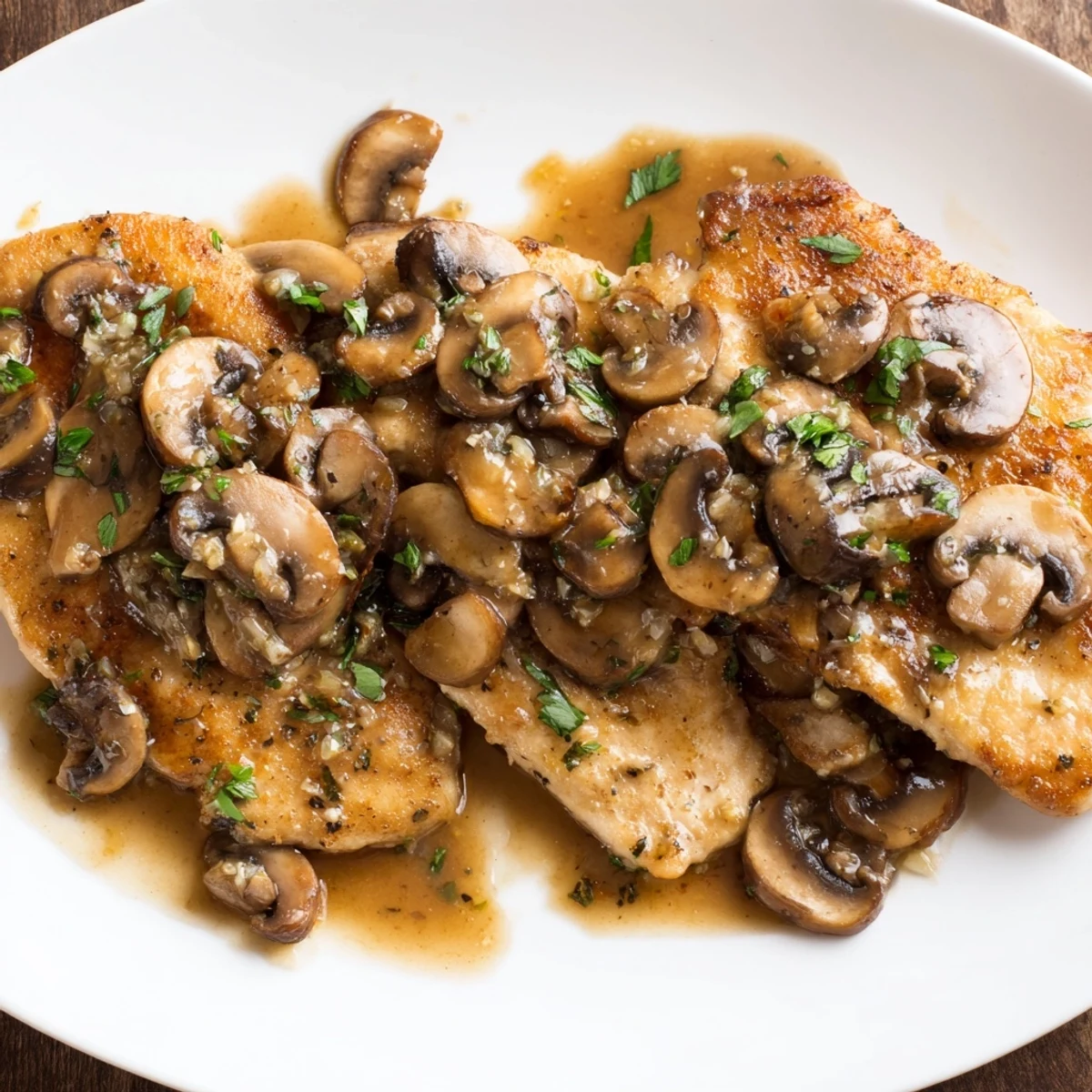 Freshly chopped parsley sprinkled over Chicken Marsala, served alongside creamy mashed potatoes to soak up the savory mushroom pan sauce.