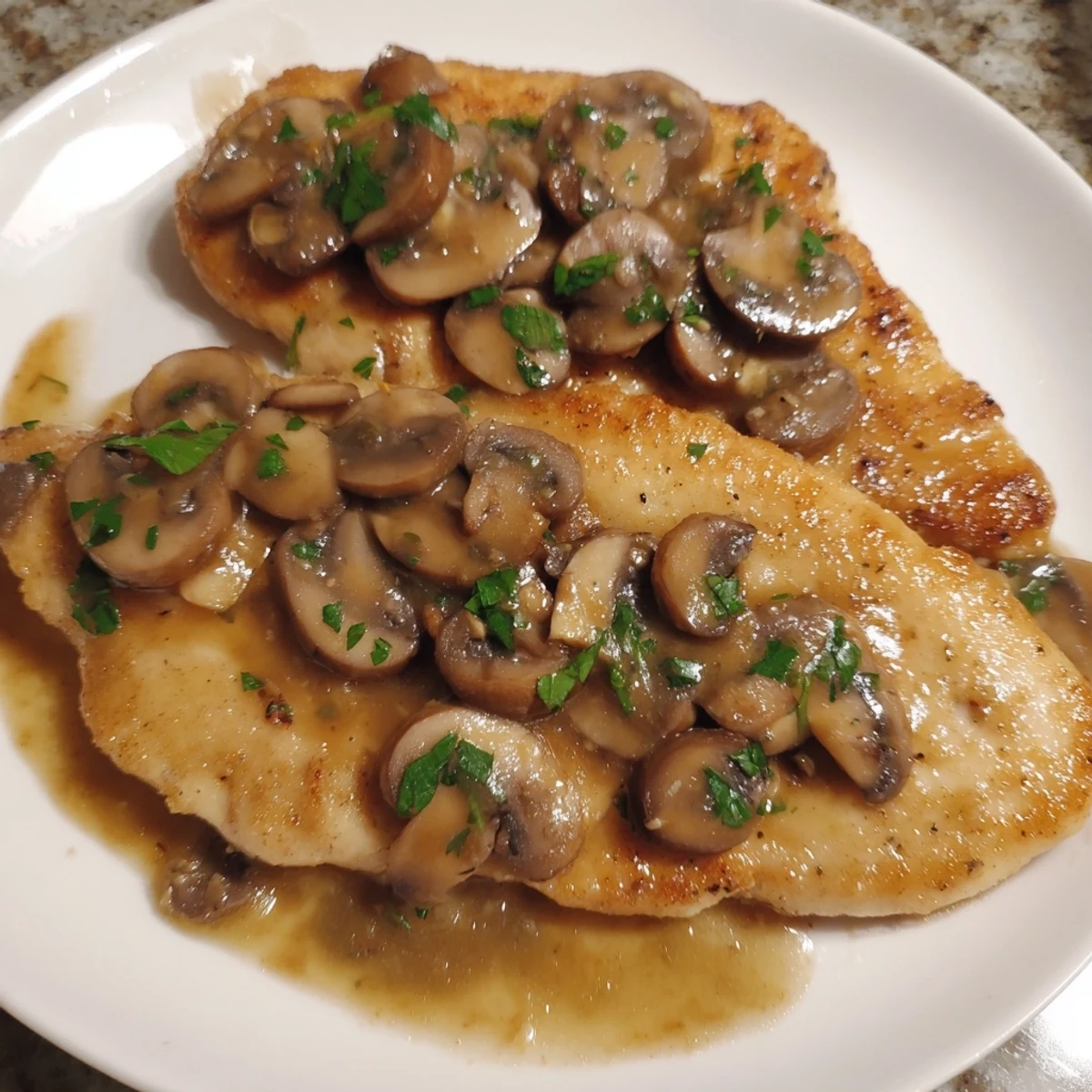 Plate of juicy Chicken Marsala with buttery mushrooms and a glossy wine reduction, garnished with parsley and lemon wedges for brightness.