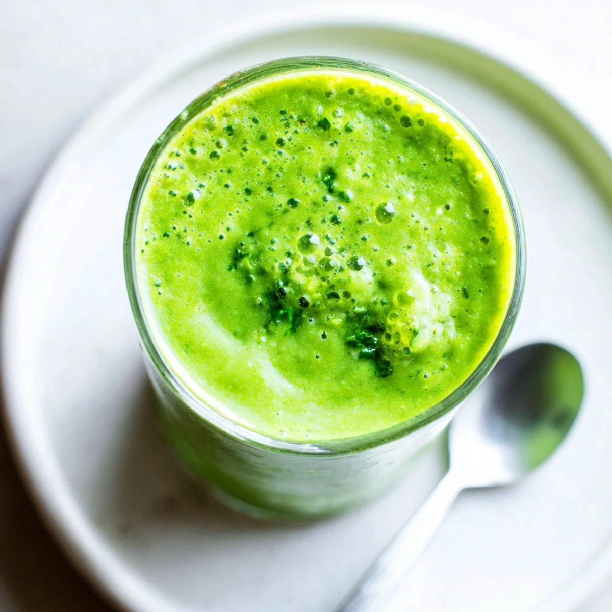 A bright green smoothie with kale and pineapple in a glass, topped with a fresh pineapple slice and a sprinkle of chia seeds.  