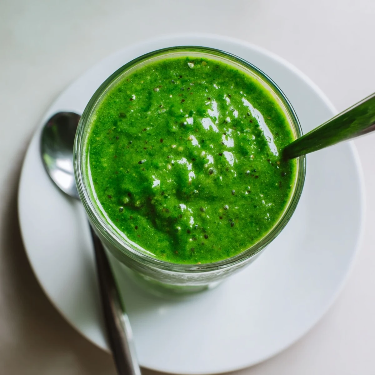Tall glass of creamy green smoothie with kale and pineapple garnished with a mint sprig, perfect for a healthy snack.