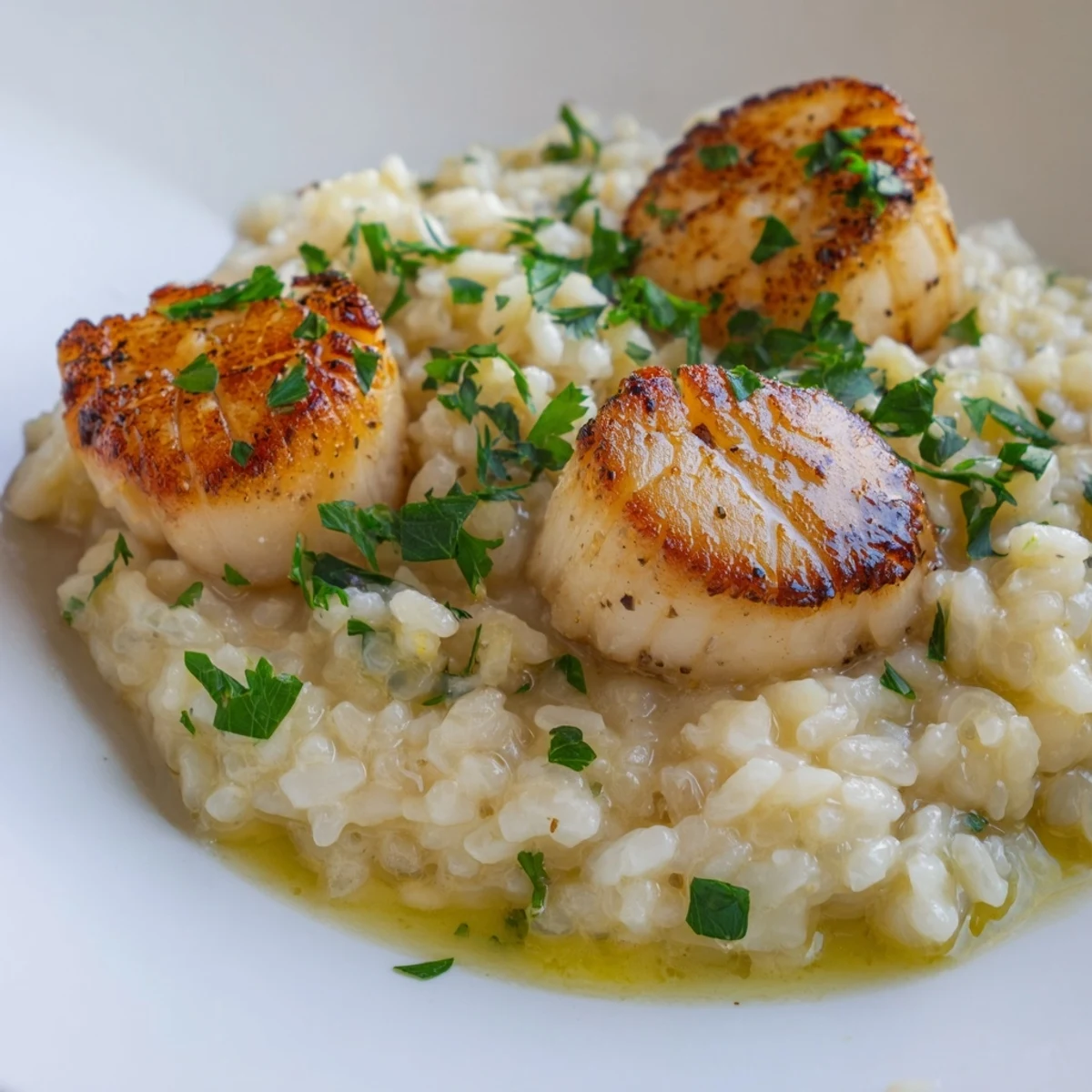 Golden-brown seared scallops with a lemon garlic glaze nestled on a bed of creamy, parmesan risotto for an elegant Italian-inspired dinner.