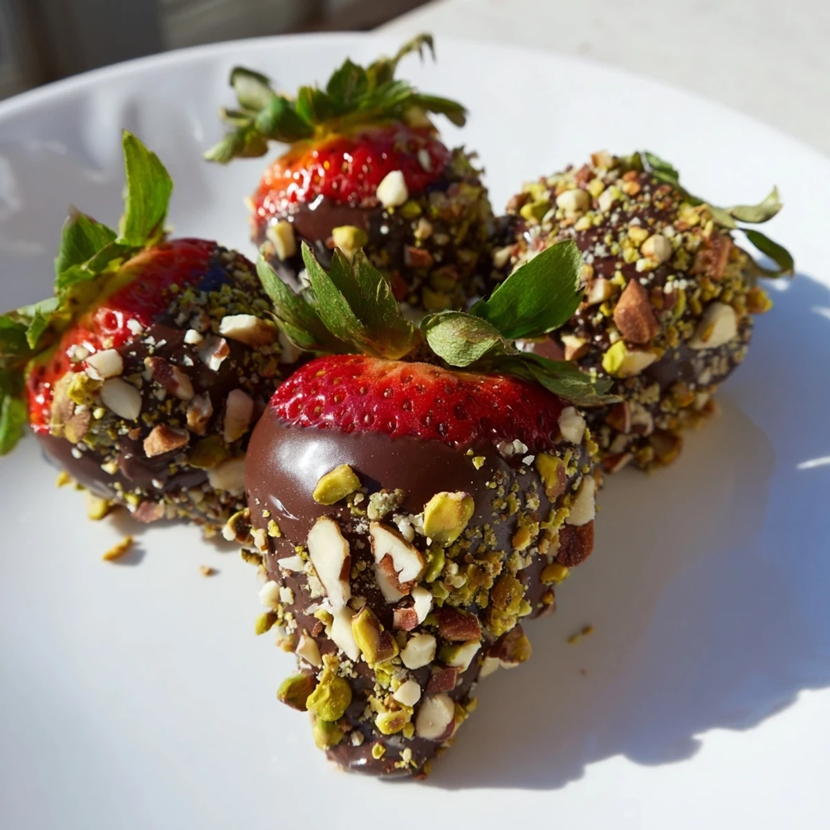 Chocolate Dipped Strawberries with Nuts glistening on parchment, the juicy red fruit coated in glossy dark chocolate and crunchy nut toppings.  