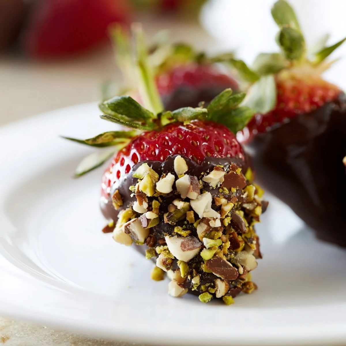 A close-up of fresh Chocolate Dipped Strawberries with Nuts, showing rich melted chocolate and finely chopped nuts for an elegant dessert presentation.  