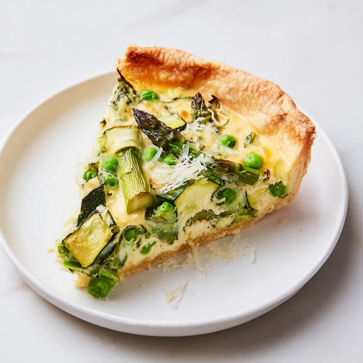 Overhead view of a freshly baked Spring Vegetable Quiche with Crust, its bubbly cheese topping and colorful vegetables inviting a light, savory lunch.