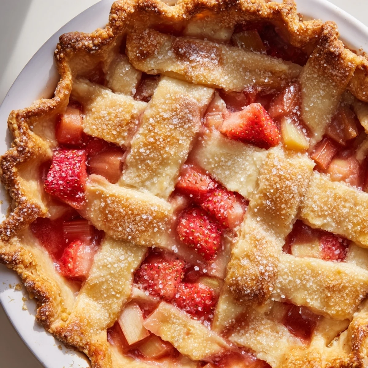 A close-up of a freshly baked Strawberry Rhubarb Pie with Lattice Crust, its golden-brown, flaky strips glistening with a light egg wash and coarse sugar, revealing a vibrant, bubbling pink filling.